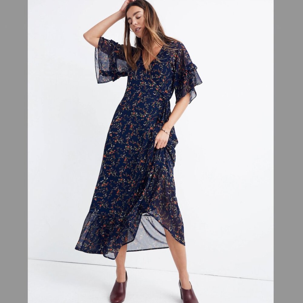 Madewell Vervain Ruffle-Sleeve Wrap Dress in Moonless Floral in size M